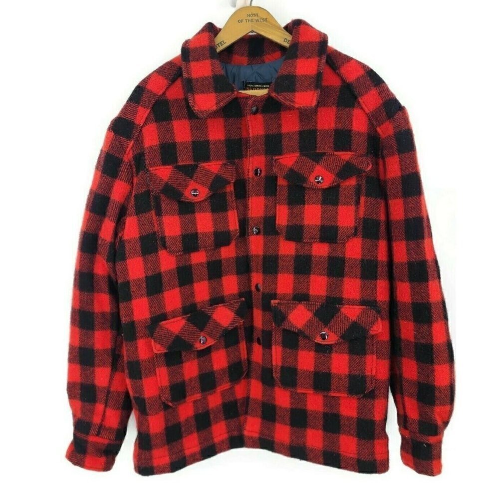 Vintage Skookum Letterman Red Black Plaid Wool Jacket Mens 46 Quilted Pockets